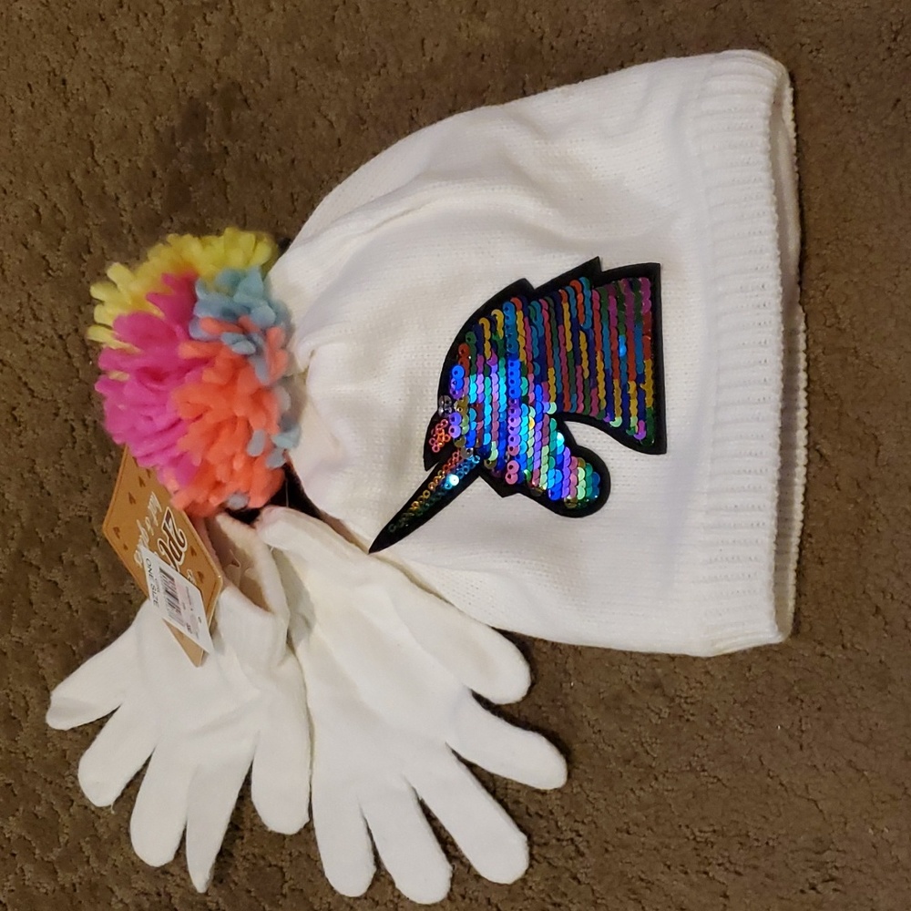 Girls Love at First Sight Sequined Unicorn Hat & Gloves OSFM fleece lined NWT